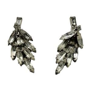 1950s Weiss Clear Navette Rhinestone Silver Leaf Feather Spray Clip-on Earrings